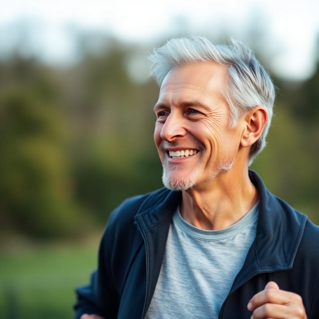 Man in his fifties feeling energetic outdoors after using FlowStrong